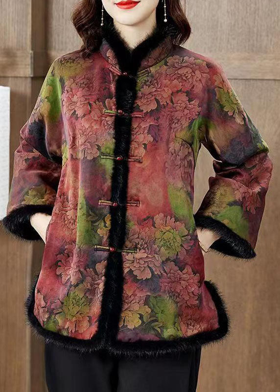 Red Print Pockets Mink Hair Patchwork Fine Cotton Filled Coats Winter