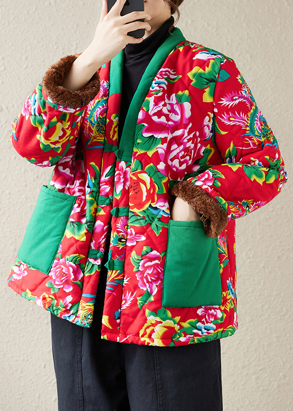 Red Print Pockets Patchwork Warm Fleece Parka Winter