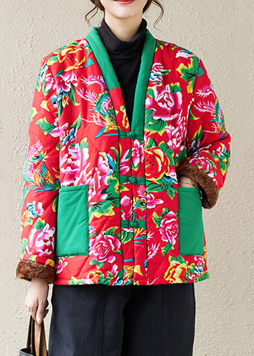 Red Print Pockets Patchwork Warm Fleece Parka Winter