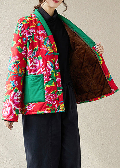 Red Print Pockets Patchwork Warm Fleece Parka Winter
