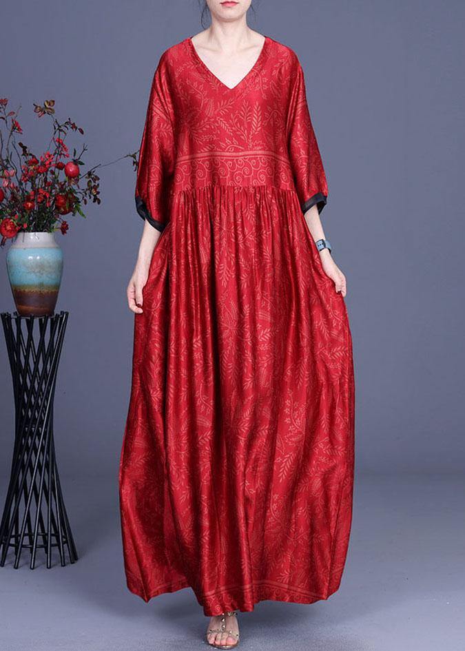 Red Print Silk Half Sleeve Summer Dresses