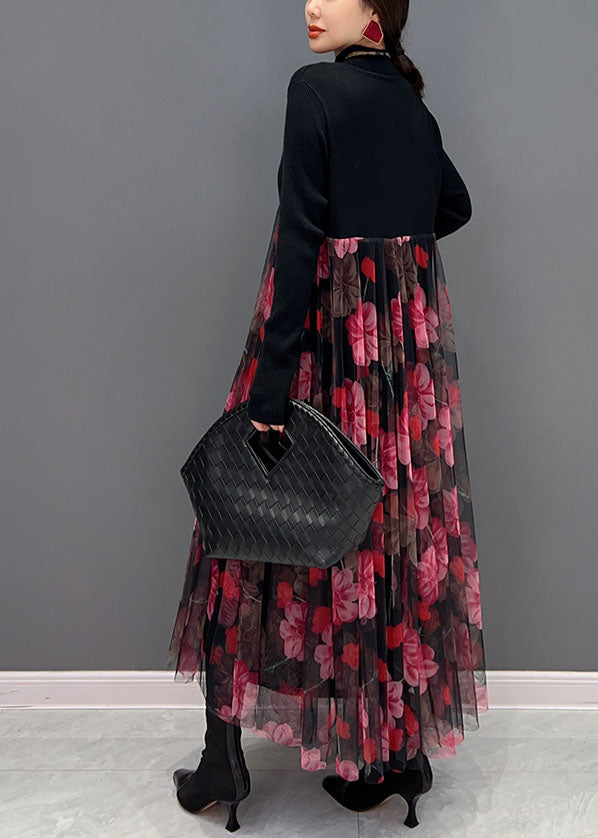 Red Print Stand Collar Patchwork Tulle Knit Long Dress Spring