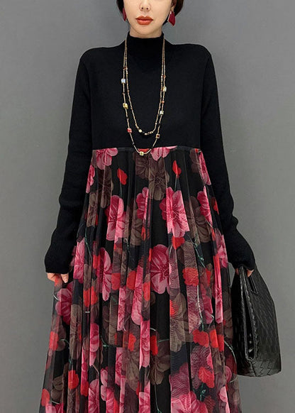 Red Print Stand Collar Patchwork Tulle Knit Long Dress Spring