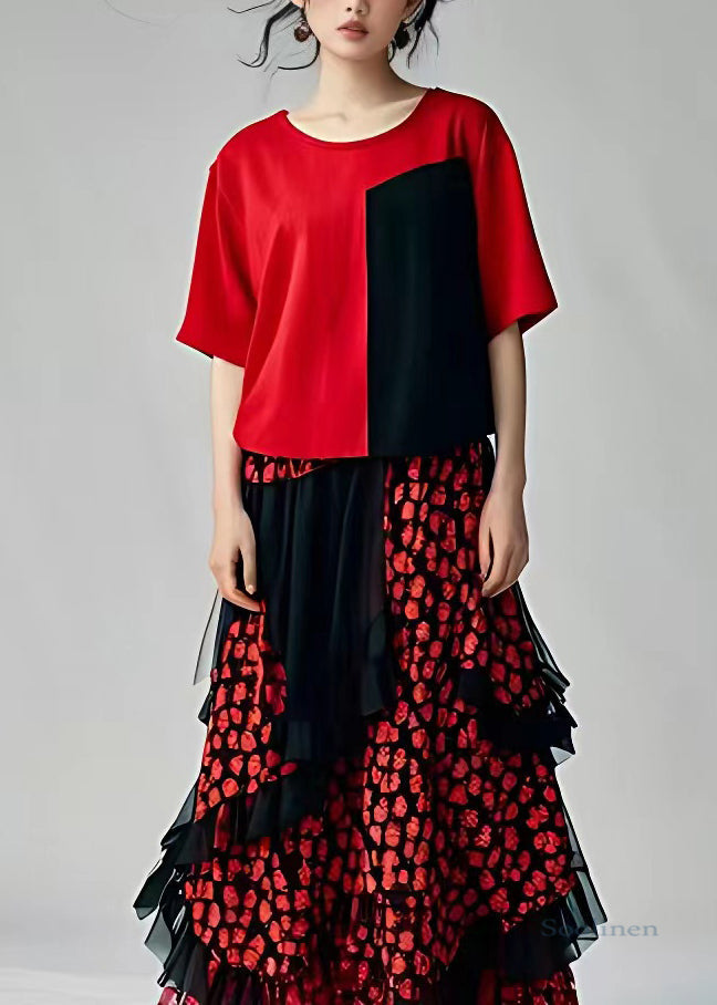 Red Print Tulle Holiday Tulle Long Dress Short Sleeve