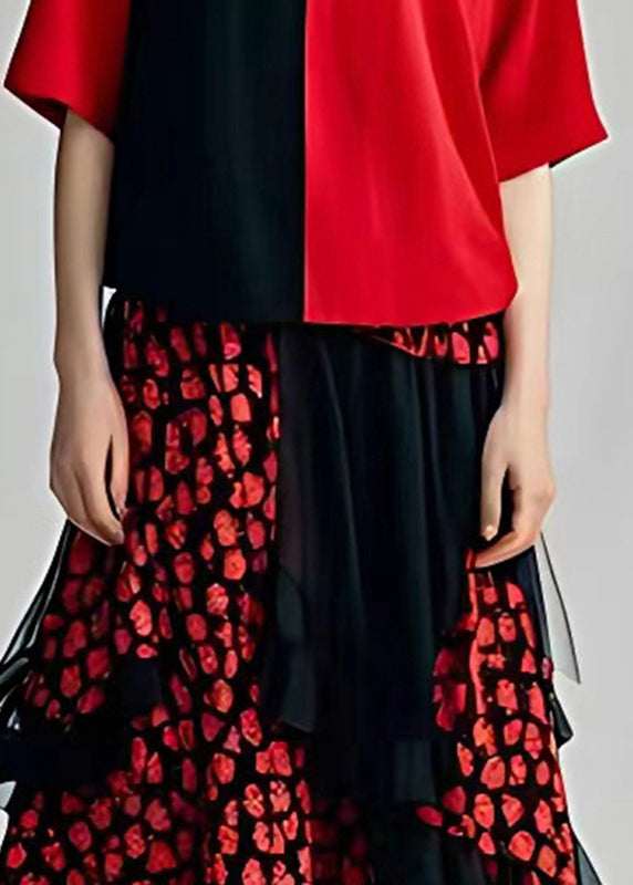 Red Print Tulle Holiday Tulle Long Dress Short Sleeve