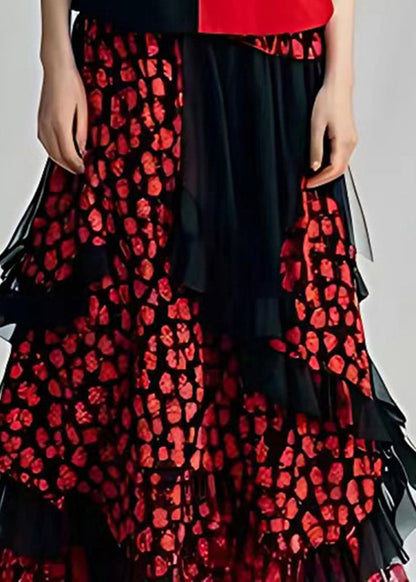 Red Print Tulle Holiday Tulle Long Dress Short Sleeve
