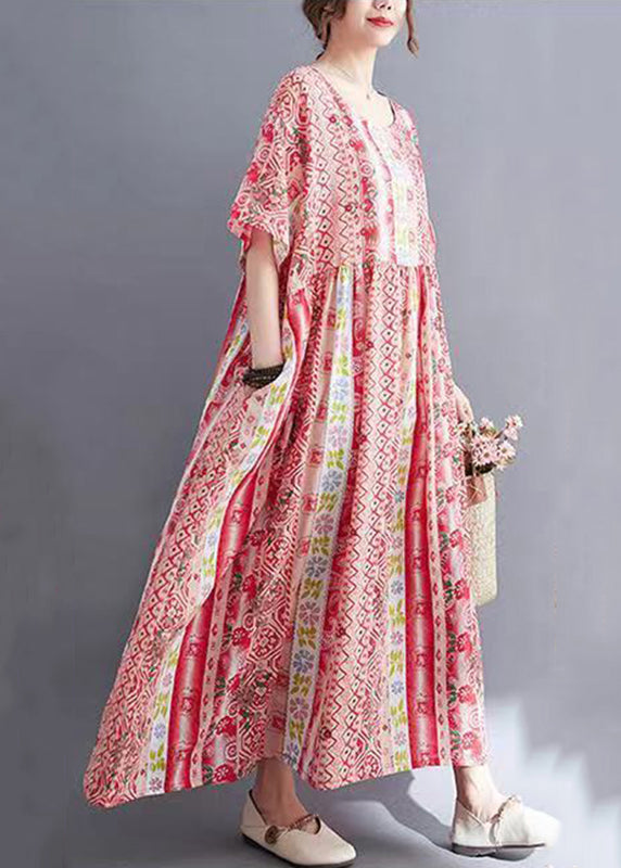 Red Print Wrinkled Long Dresses Short Sleeve