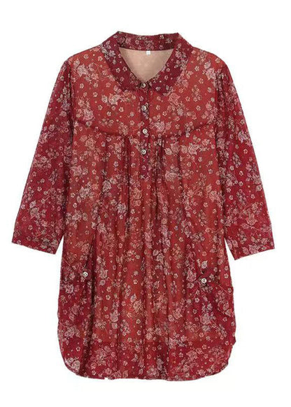 Red Print Wrinkled Patchwork Chiffon Shirt Tops Summer
