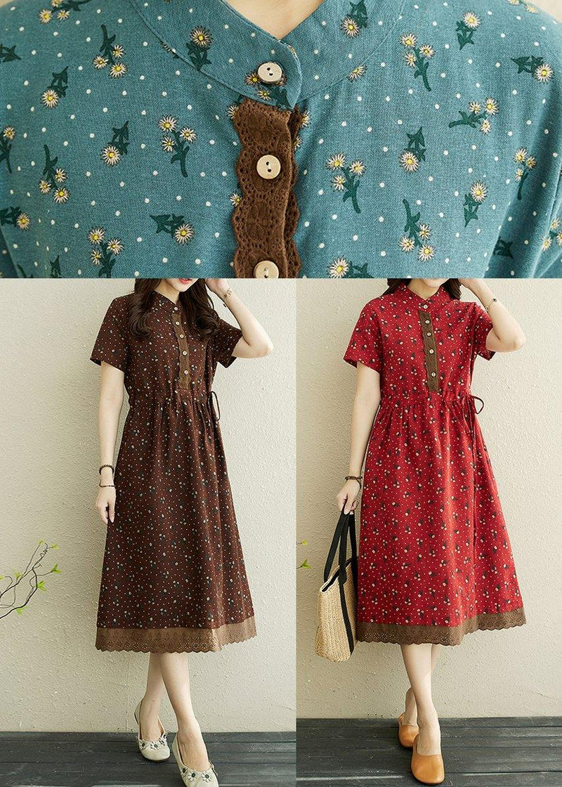 Red Print Stand Collar Robe Summer Cotton Dress