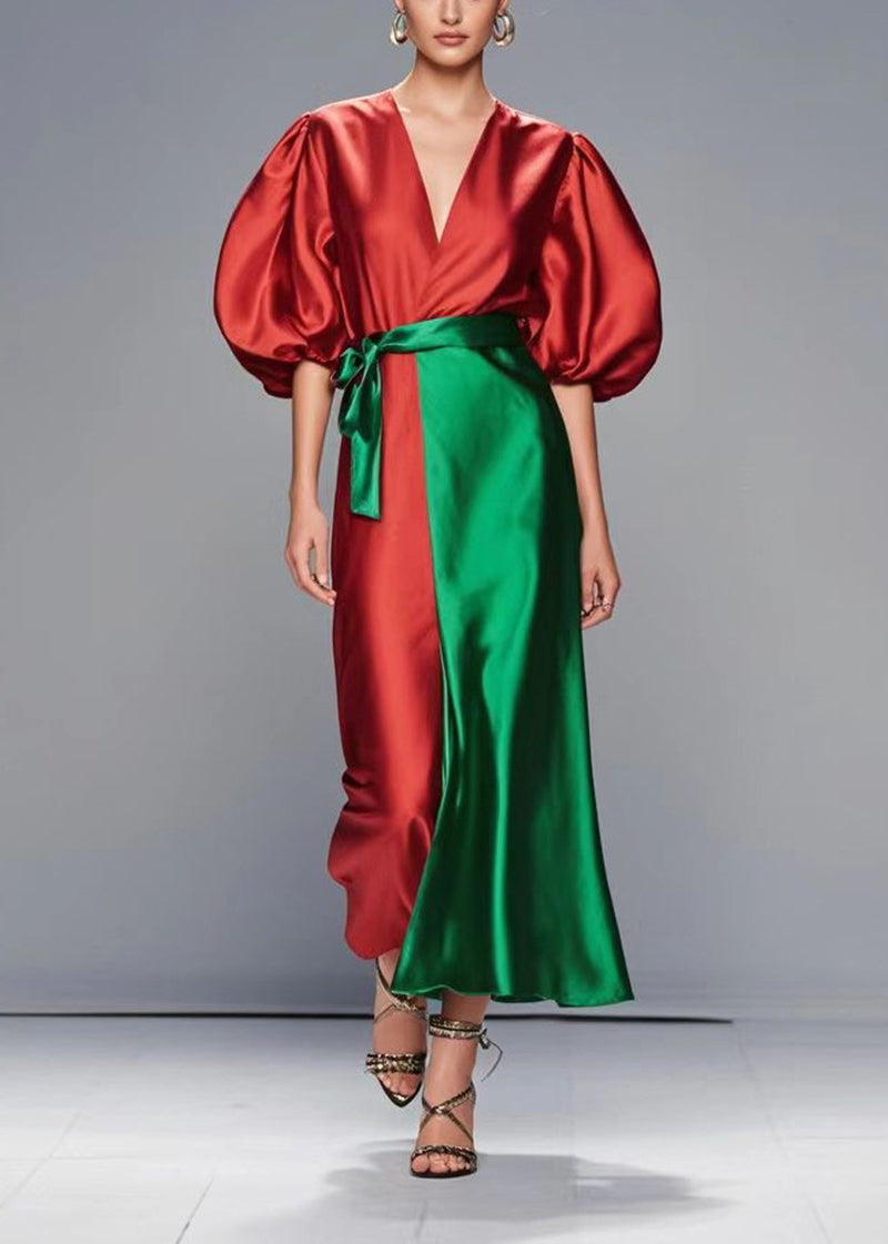 Red Puff Sleeve Patchwork Silk Robe Dresses