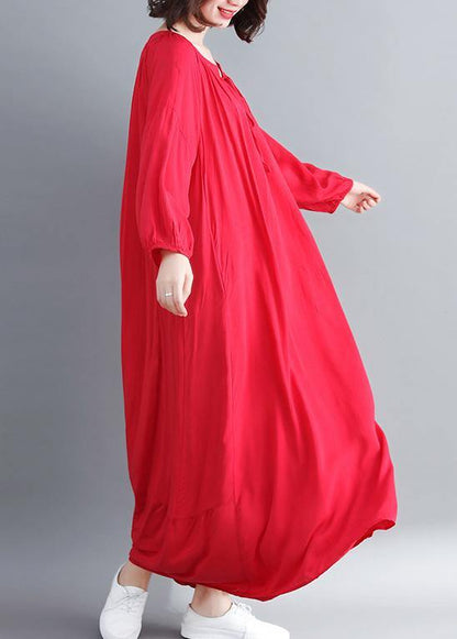 Red Quilting Dresses O Neck Large Hem Long Spring Dresses