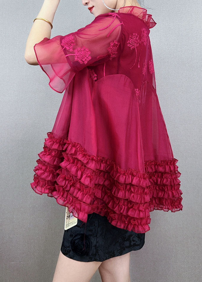 Red Ruffled Embroideried Patchwork Tulle Shirt Top Summer