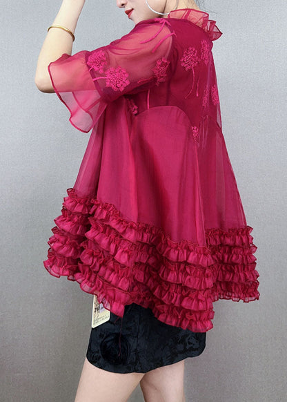 Red Ruffled Embroideried Patchwork Tulle Shirt Top Summer