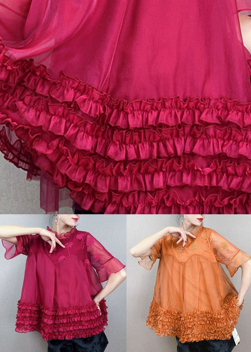 Red Ruffled Embroideried Patchwork Tulle Shirt Top Summer