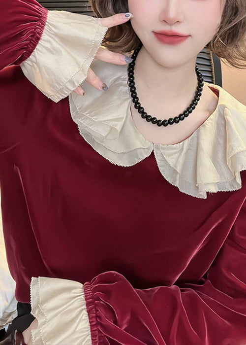 Red Ruffled Silk Velour Top Flare Sleeve