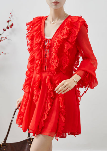 Red Ruffles Chiffon Mini Dresses Fall