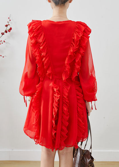 Red Ruffles Chiffon Mini Dresses Fall