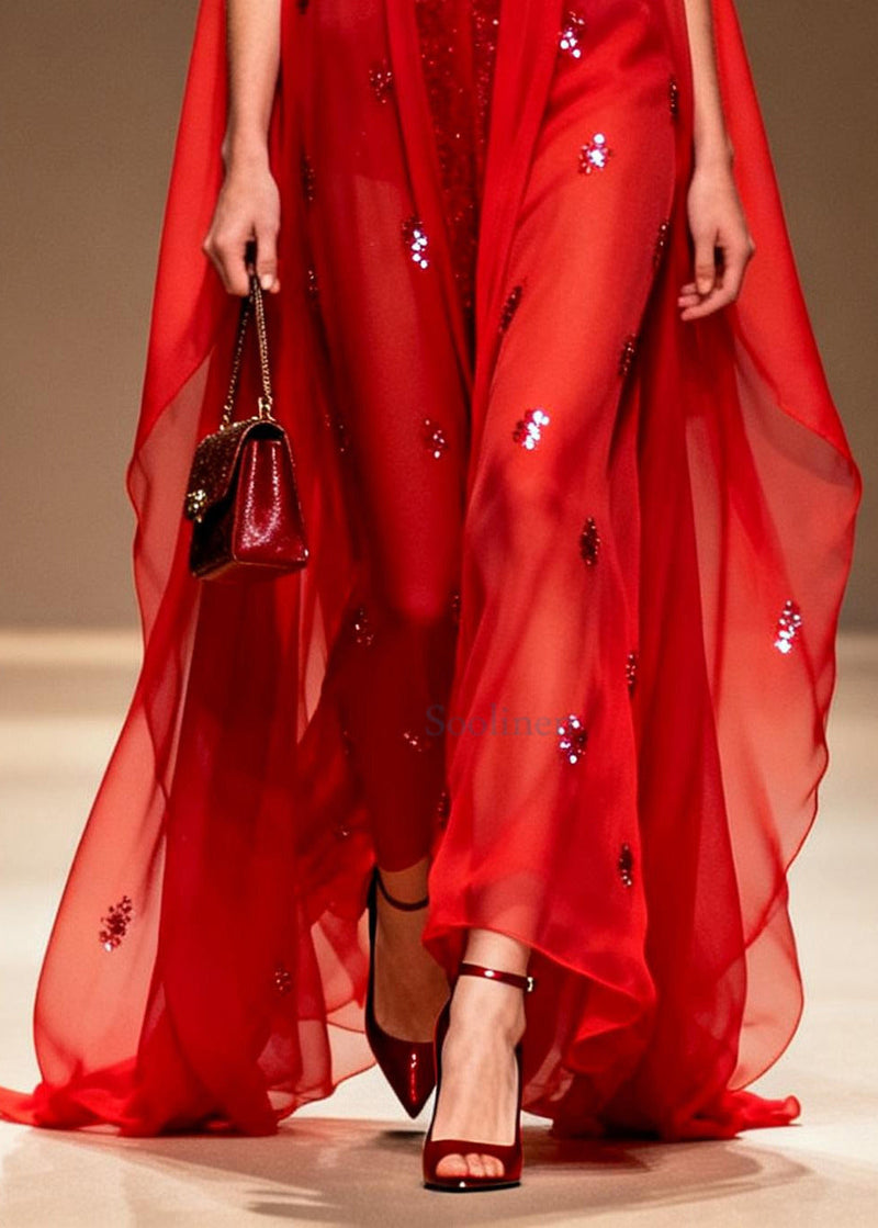 Red Sequins Rhinestone Chiffon Evening Dress Sleeveless