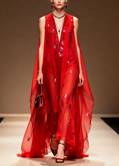 Red Sequins Rhinestone Chiffon Evening Dress Sleeveless