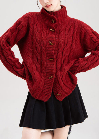 Red Stand Collar Button Cable Knit Coat Winter