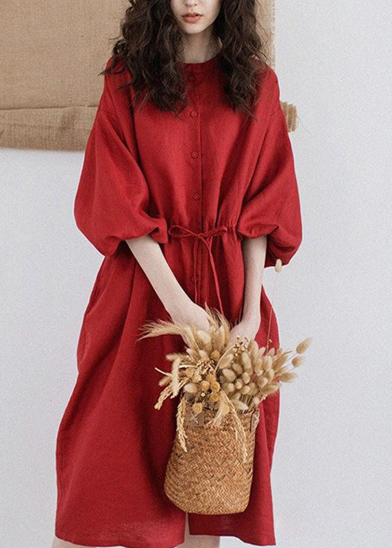 Red Stand Collar Drawstring Patchwork Linen Dresses Summer