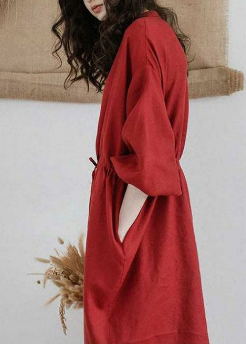 Red Stand Collar Drawstring Patchwork Linen Dresses Summer