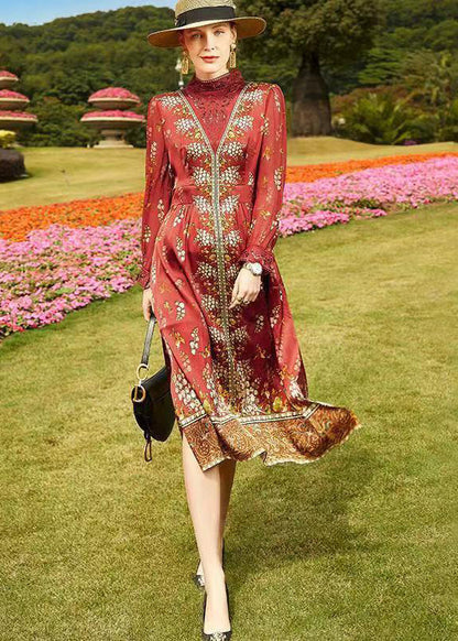 Red Stand Collar Hollow Out Print Patchwork Silk Dresses Fall