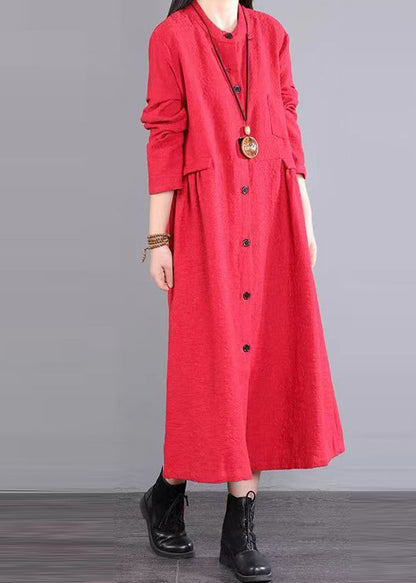 Red Stand Collar Pockets Patchwork Cotton Long Dresses Fall