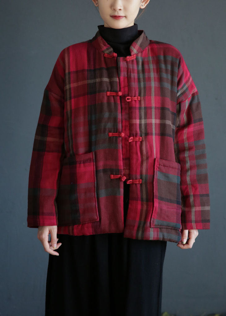 Red Stand Collar Pockets Plaid Fine Cotton Filled Coats Winter