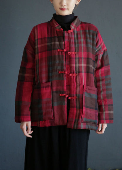 Red Stand Collar Pockets Plaid Fine Cotton Filled Coats Winter