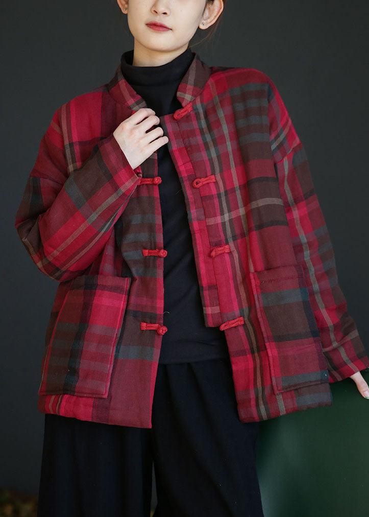 Red Stand Collar Pockets Plaid Fine Cotton Filled Coats Winter