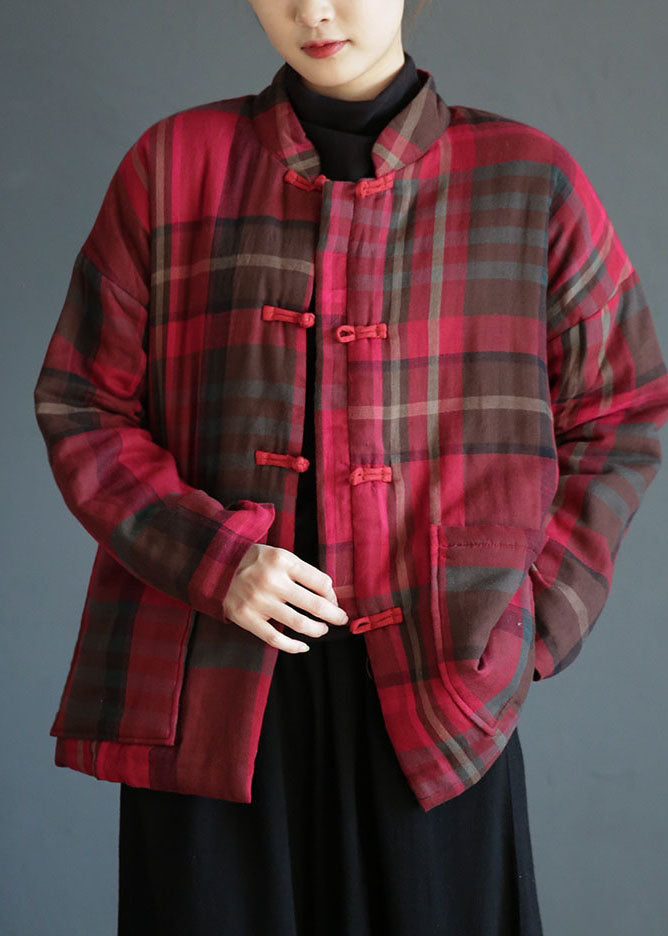 Red Stand Collar Pockets Plaid Fine Cotton Filled Coats Winter