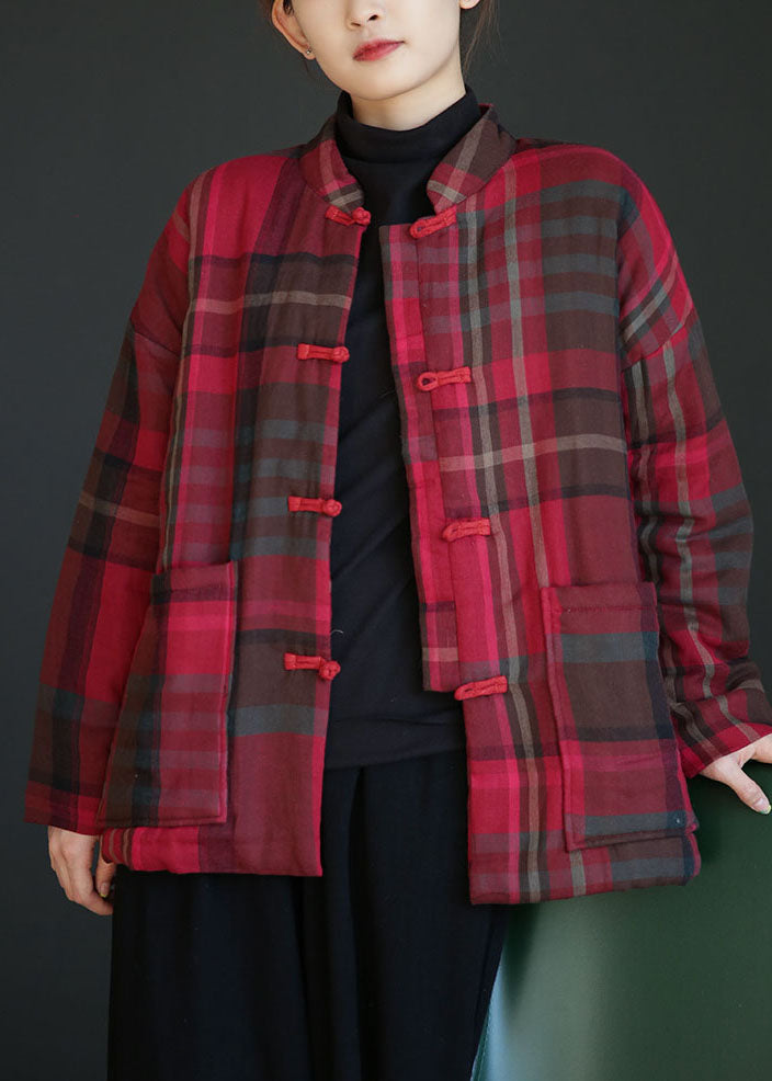 Red Stand Collar Pockets Plaid Fine Cotton Filled Coats Winter