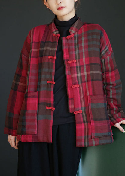 Red Stand Collar Pockets Plaid Fine Cotton Filled Coats Winter