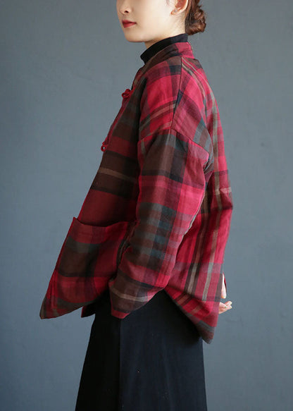 Red Stand Collar Pockets Plaid Fine Cotton Filled Coats Winter