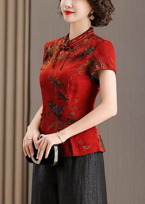 Red Stand Collar Print Side Cpen Silk T Shirt Summer