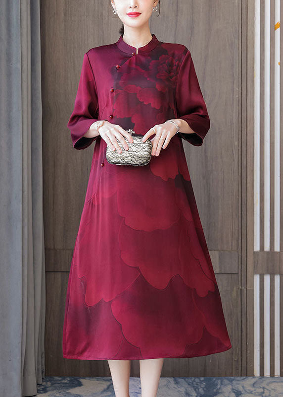 Red Stand Collar Print Silk Robe Dresses Bracelet Sleeve
