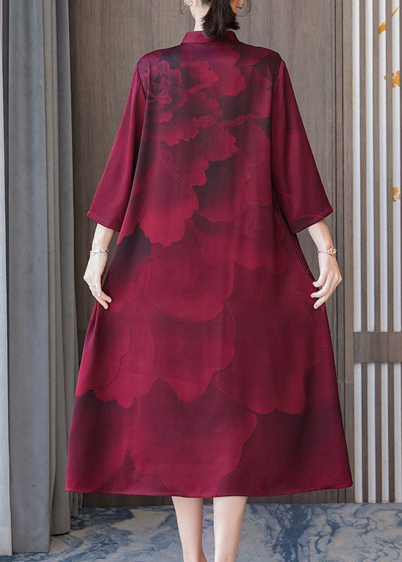 Red Stand Collar Print Silk Robe Dresses Bracelet Sleeve