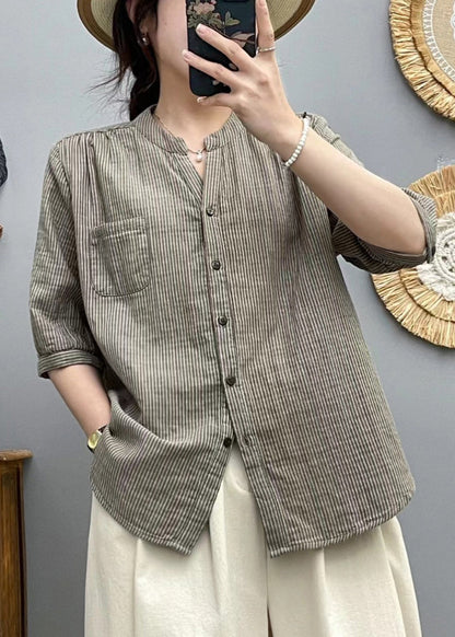 Red Stand Collar Striped Cotton Shirt Half Sleeve