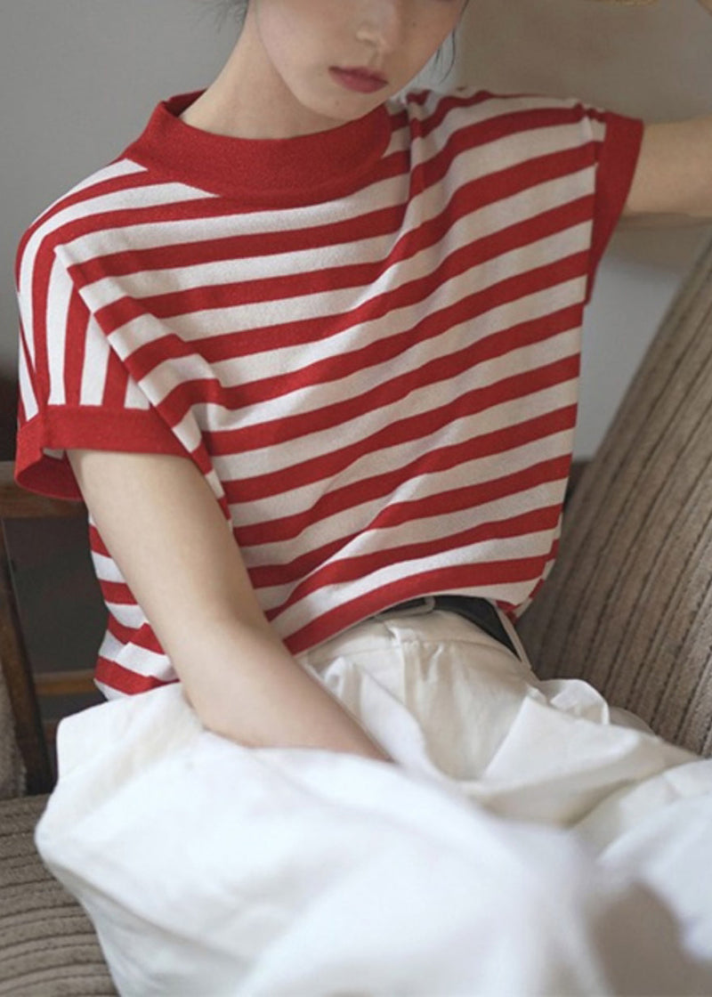 Red Stand Collar Striped Cotton Tanks Summer