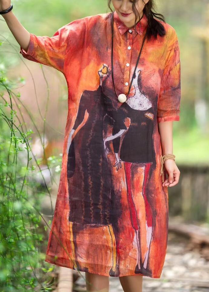 Red Summer Organic Linen Robes Korea Printed Dress