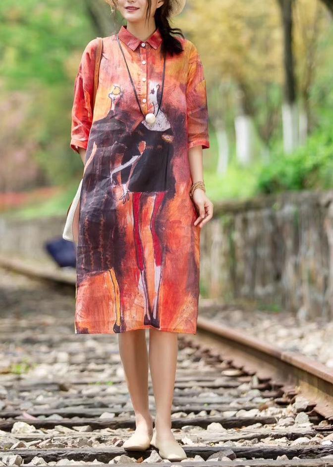 Red Summer Organic Linen Robes Korea Printed Dress