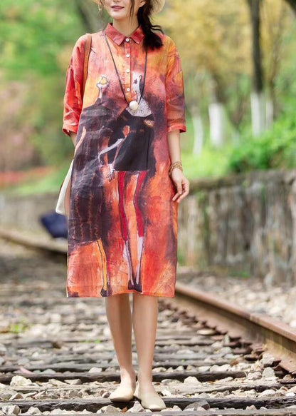 Red Summer Organic Linen Robes Korea Printed Dress