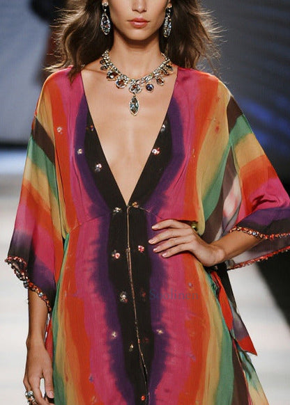 Red Tie Dye Draping Chiffon Vacation Dresses Summer