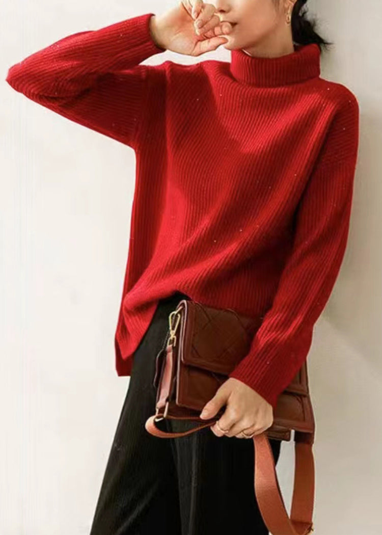 Red Turtleneck Cozy Knit Sweaters Long Sleeve