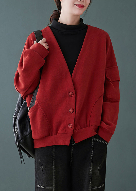 Red V Neck Button Pockets Patchwork Cotton Coats Fall