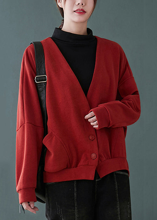 Red V Neck Button Pockets Patchwork Cotton Coats Fall
