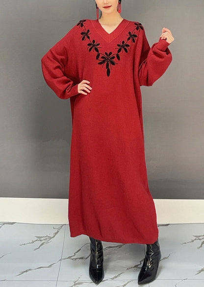 Red V Neck Embroidered Knit Sweater Dress Spring
