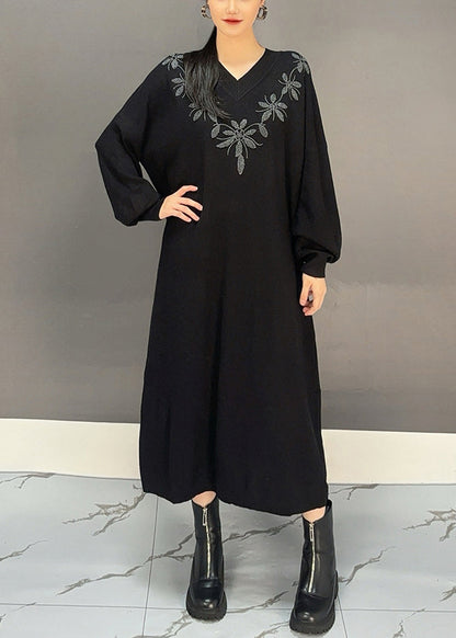 Red V Neck Embroidered Knit Sweater Dress Spring