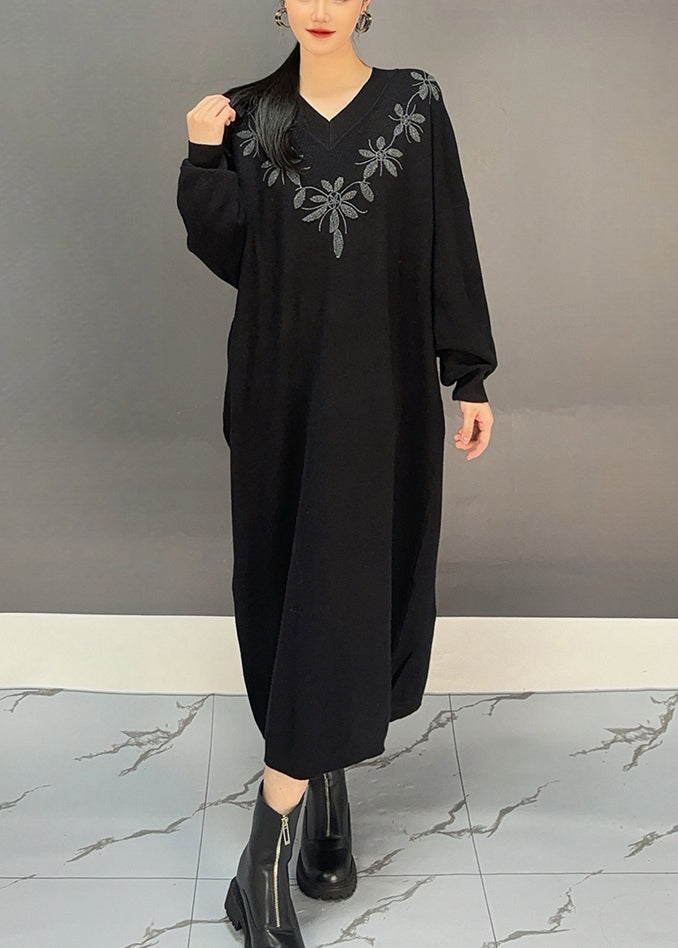 Red V Neck Embroidered Knit Sweater Dress Spring
